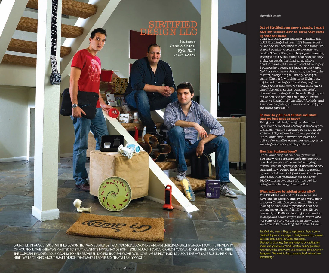 002 Houston magazine feature on Sirtified Design LLC, with the three founders photographed among their products