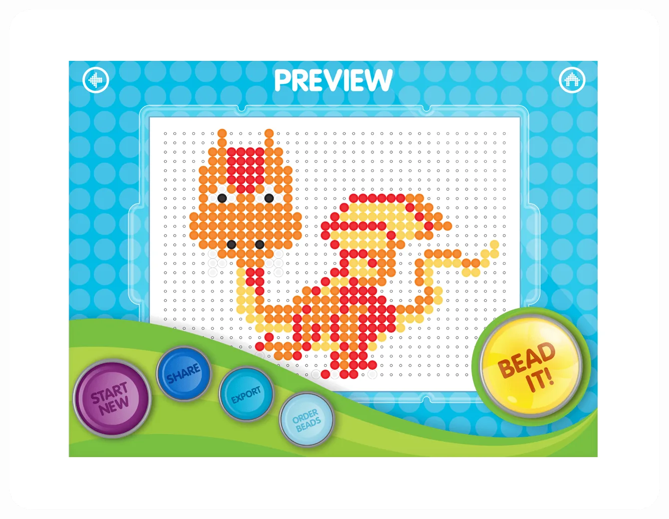 The Preview screen — a dragon laid out bead by bead on a virtual pegboard, with Share, Export, and Order Beads next to a big yellow Bead It! button