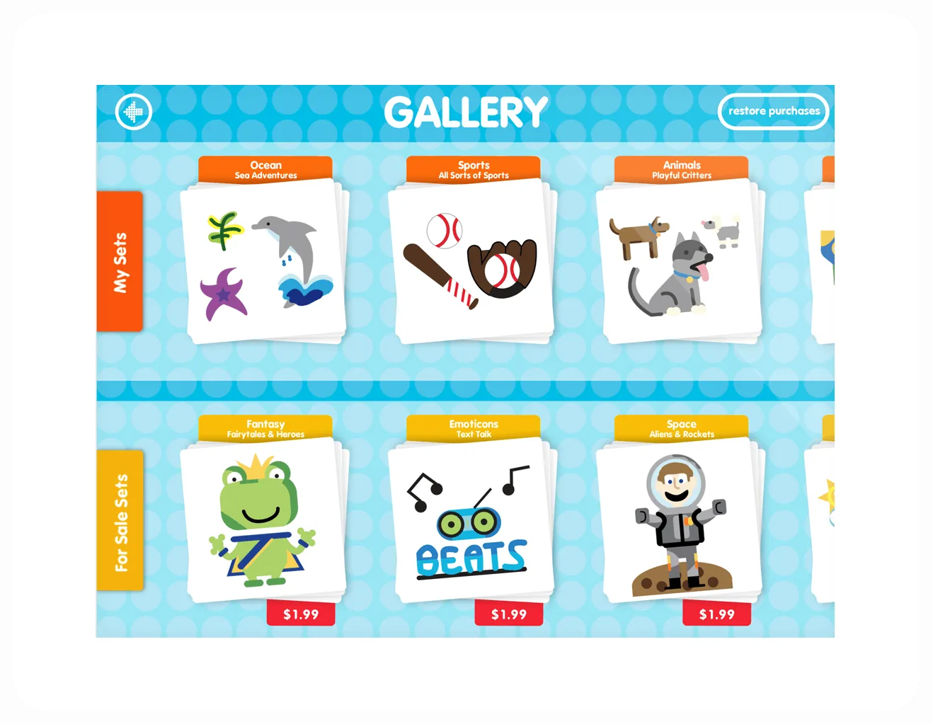 The Gallery screen — owned bead sets for Ocean, Sports, and Animals above a row of $1.99 sets for sale: Fantasy, Emoticons, and Space
