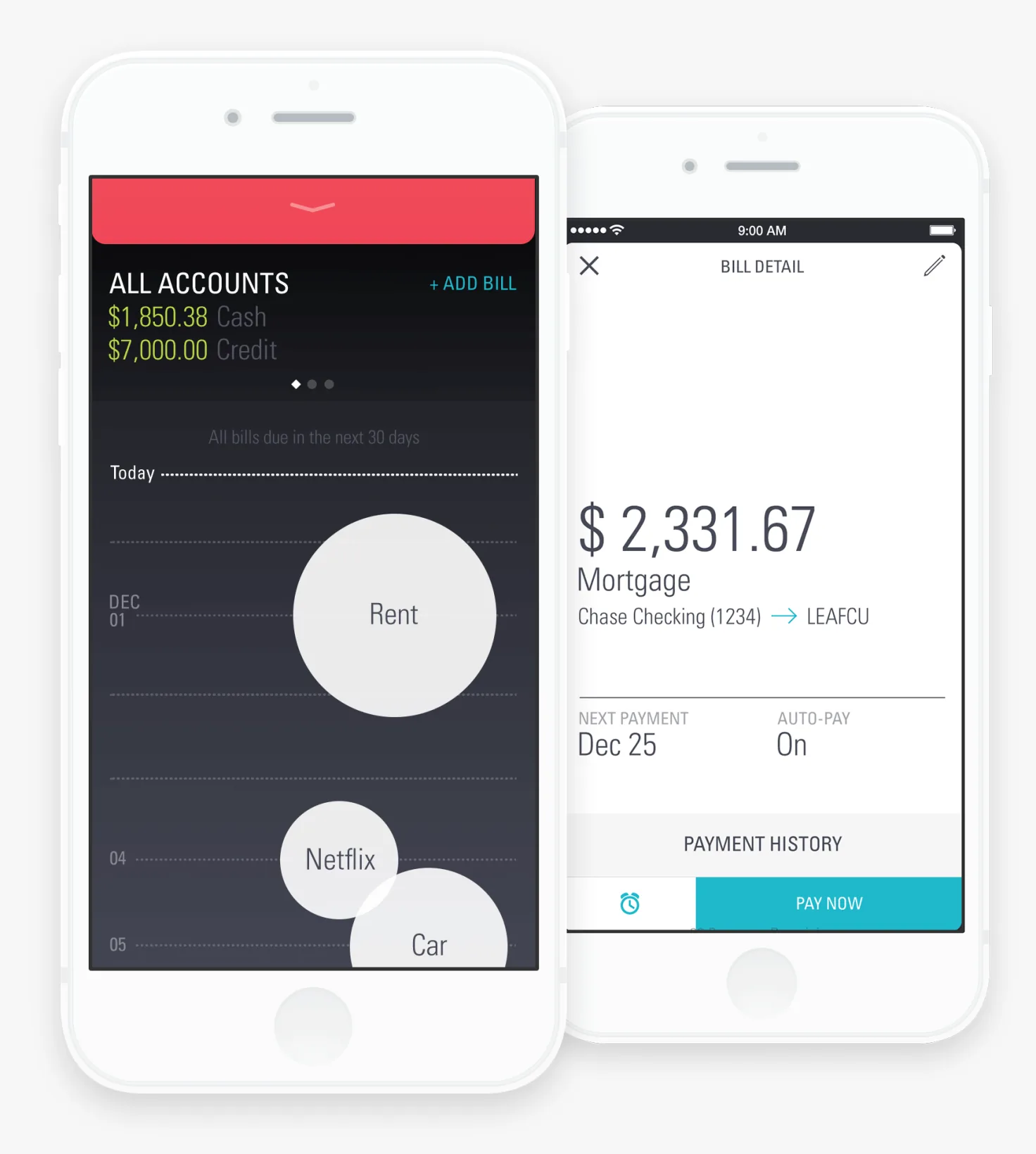 All accounts overview with upcoming bills, and a bill detail screen for a mortgage payment