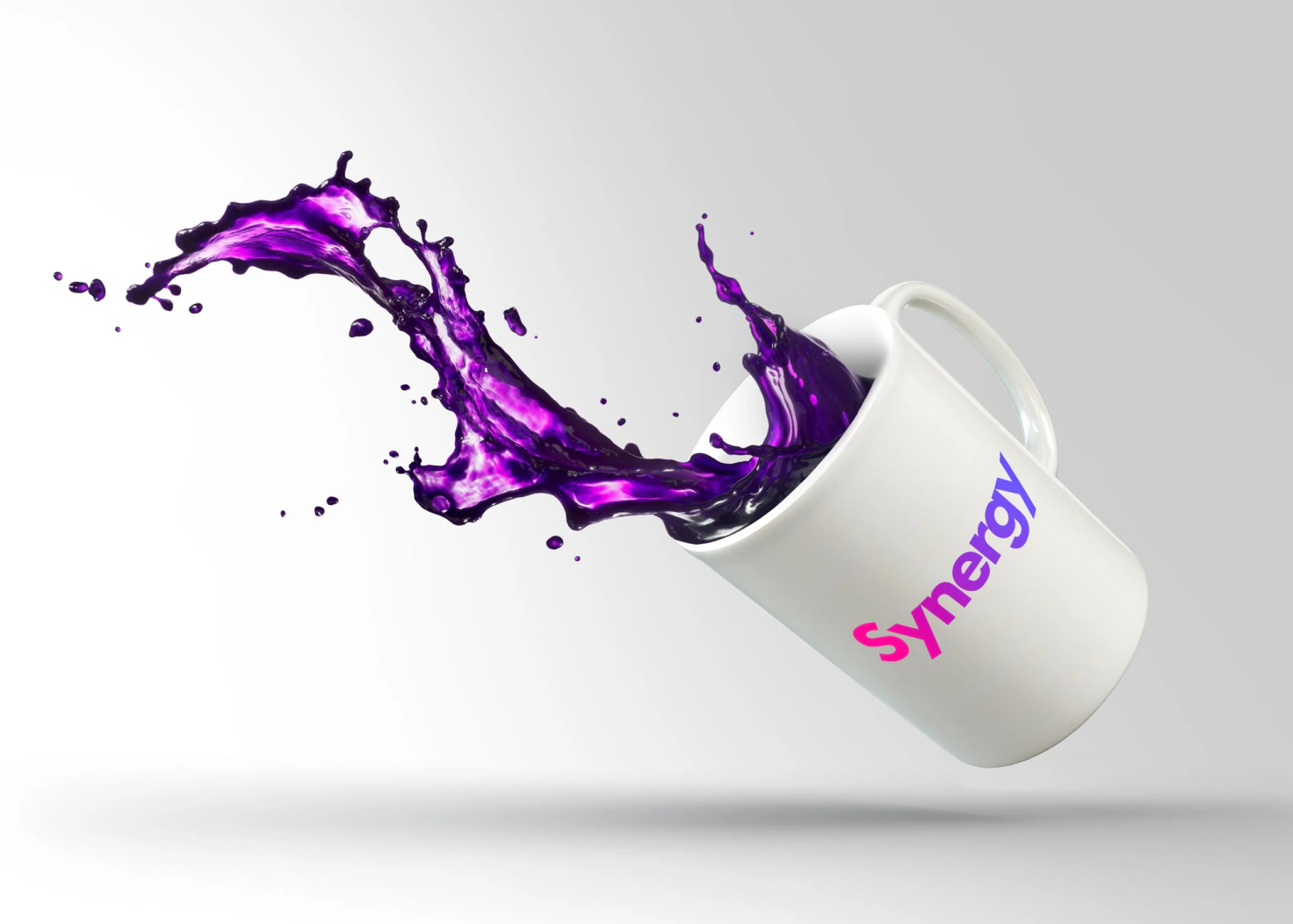 A white Synergy mug tipping over mid-air with purple liquid splashing out