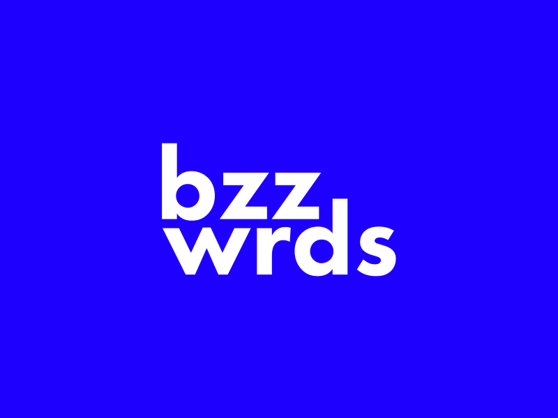 An animated reel of bzzwrds iMessage stickers, each an office buzzword set as type — Synergy, The Cloud, Unicorn, Dream Team, Empathy, Make it POP, Rockstar, Let&rsquo;s Take This Offline, and Broad Strokes — ending on a Download on the App Store badge