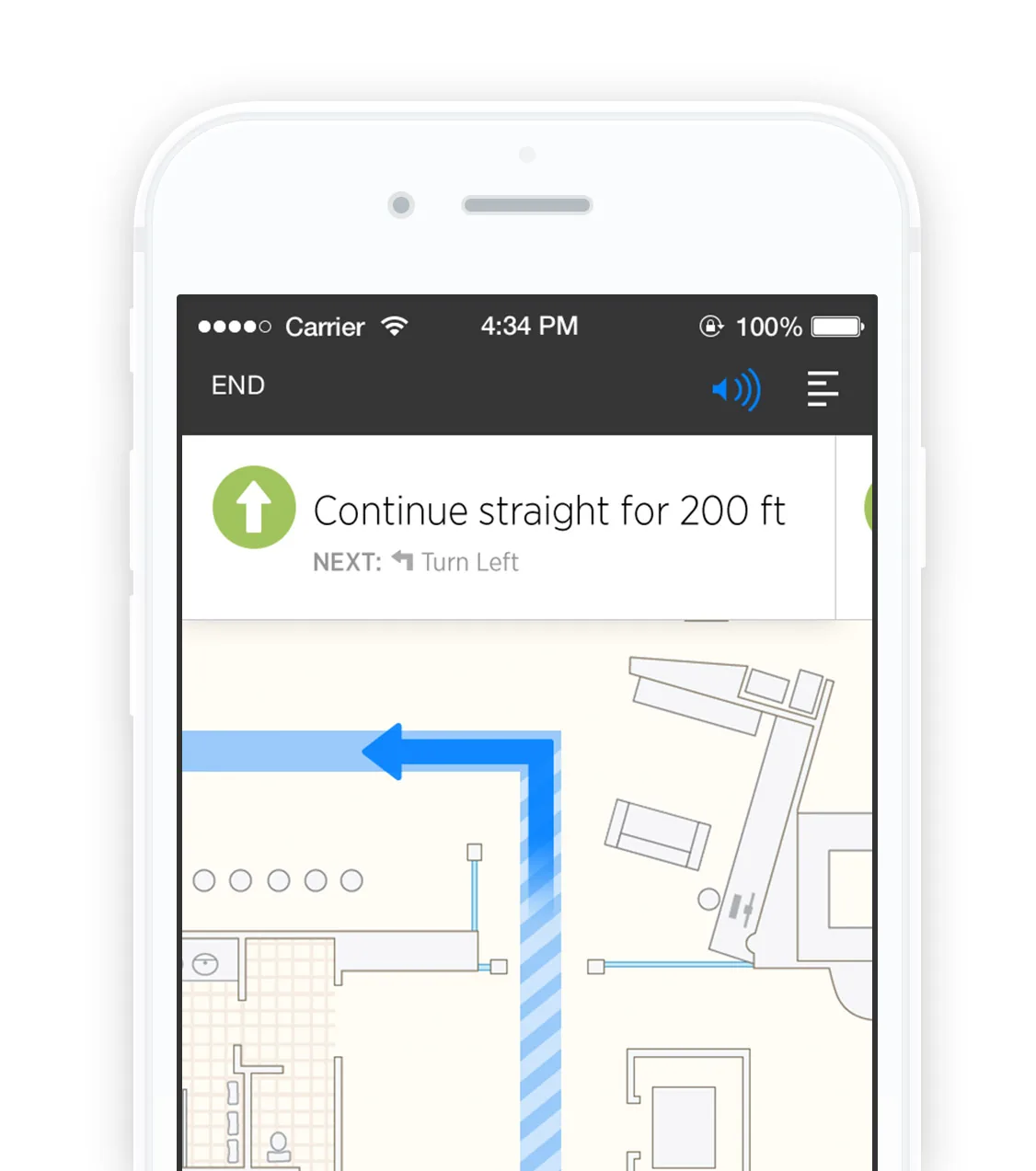 Turn-by-turn directions on iPhone: a Continue straight for 200 ft banner with the next turn previewed, above a floor plan with the route drawn in blue