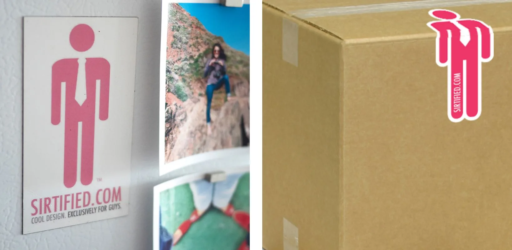 Brand details — a Sirtified.com magnet on a refrigerator beside photos, and the pictogram logo printed on a shipping box