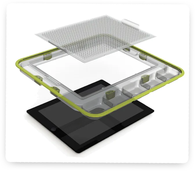 Exploded view of the physical accessory — a peg overlay and a compartment tray for sorted beads that clip over an iPad