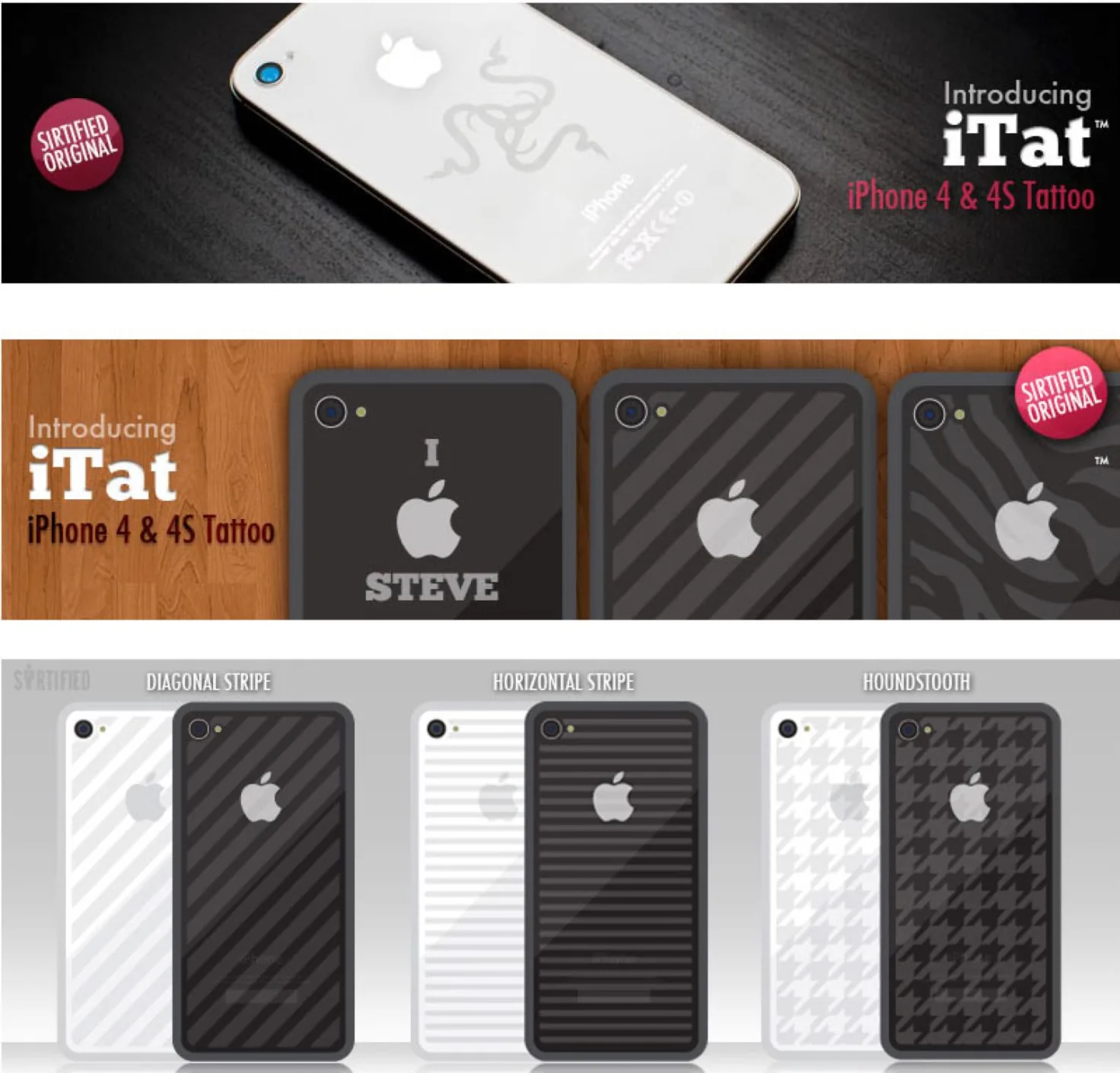 iTat, a Sirtified Original that etched designs into the glass back of an iPhone 4 or 4S — launch banners showing an etched logo and an I-Apple-Steve design, above a lineup of diagonal stripe, horizontal stripe, and houndstooth patterns on white and black phones