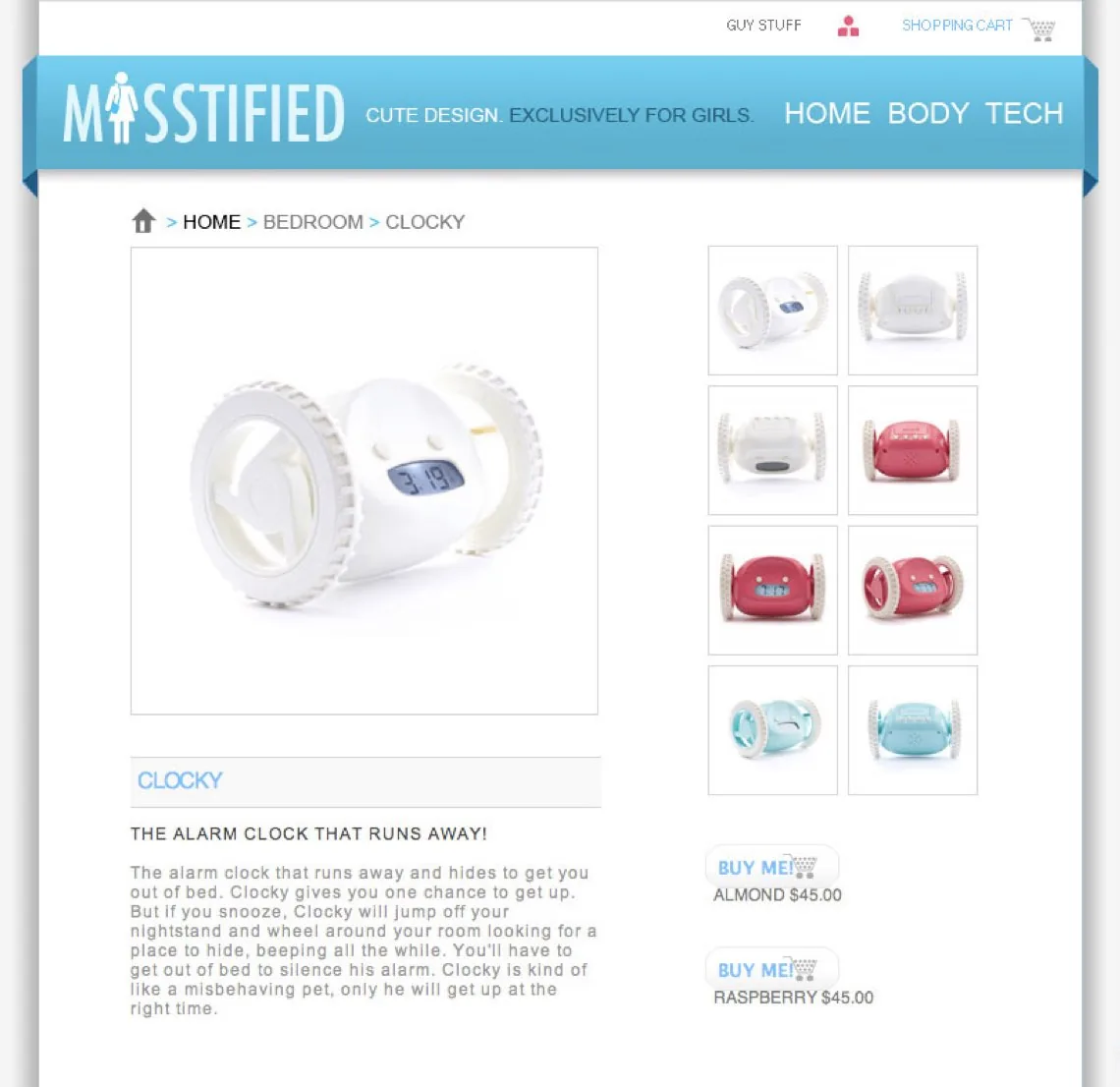 Misstified.com product page for Clocky, the alarm clock that runs away, with color options and a Guy Stuff link across to Sirtified