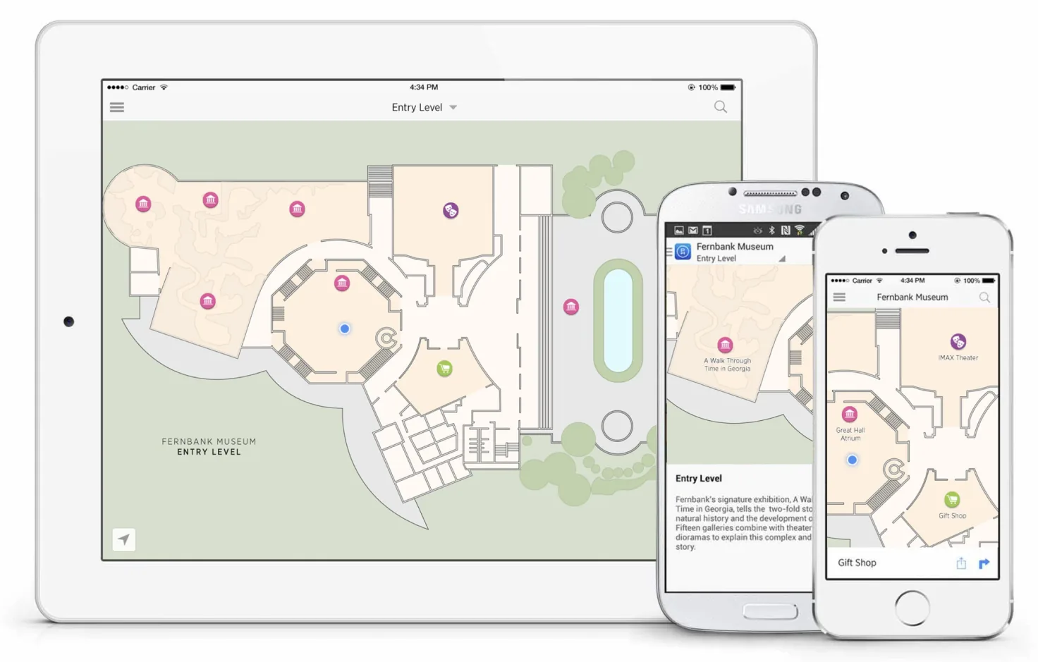 The Fernbank Museum indoor map on iPad, Android, and iPhone — an Entry Level floor plan with exhibit, theater, and gift shop markers and a blue dot for the visitor's location, with the phones showing an exhibit description and gift shop directions