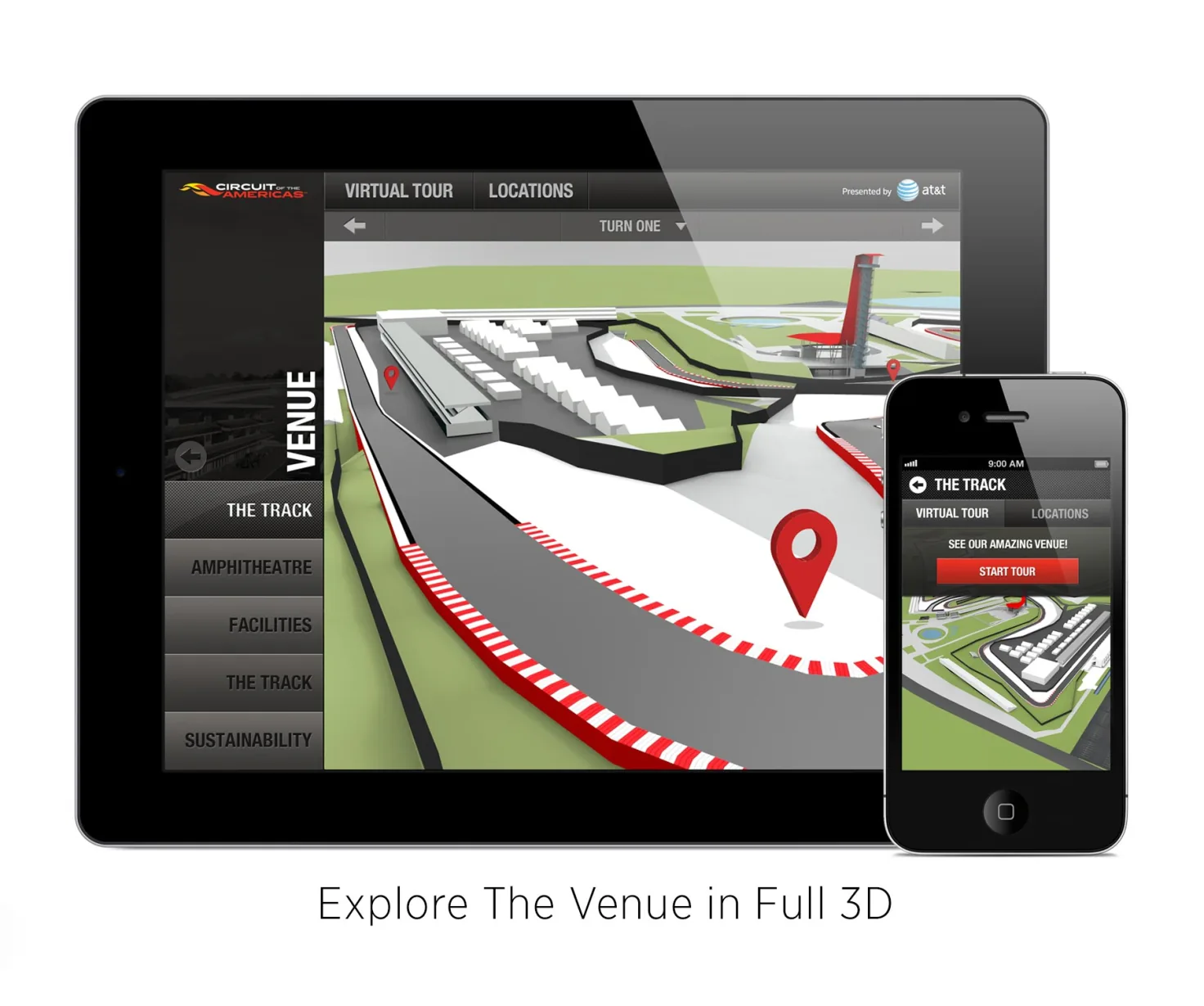 Interactive 3D venue tour showing Turn One on iPad and iPhone