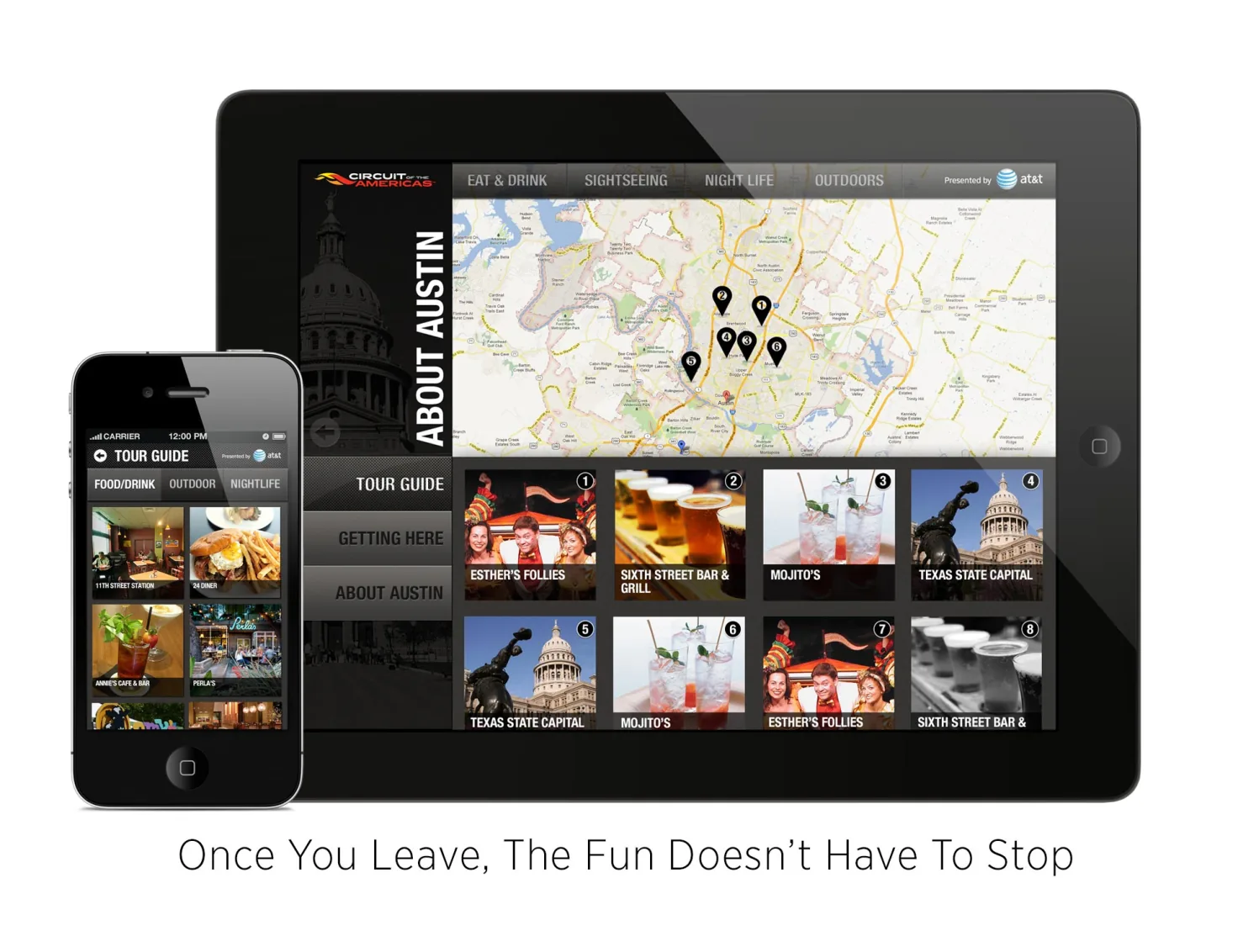 About Austin tour guide with map and eat, drink, and sightseeing picks on iPad and iPhone