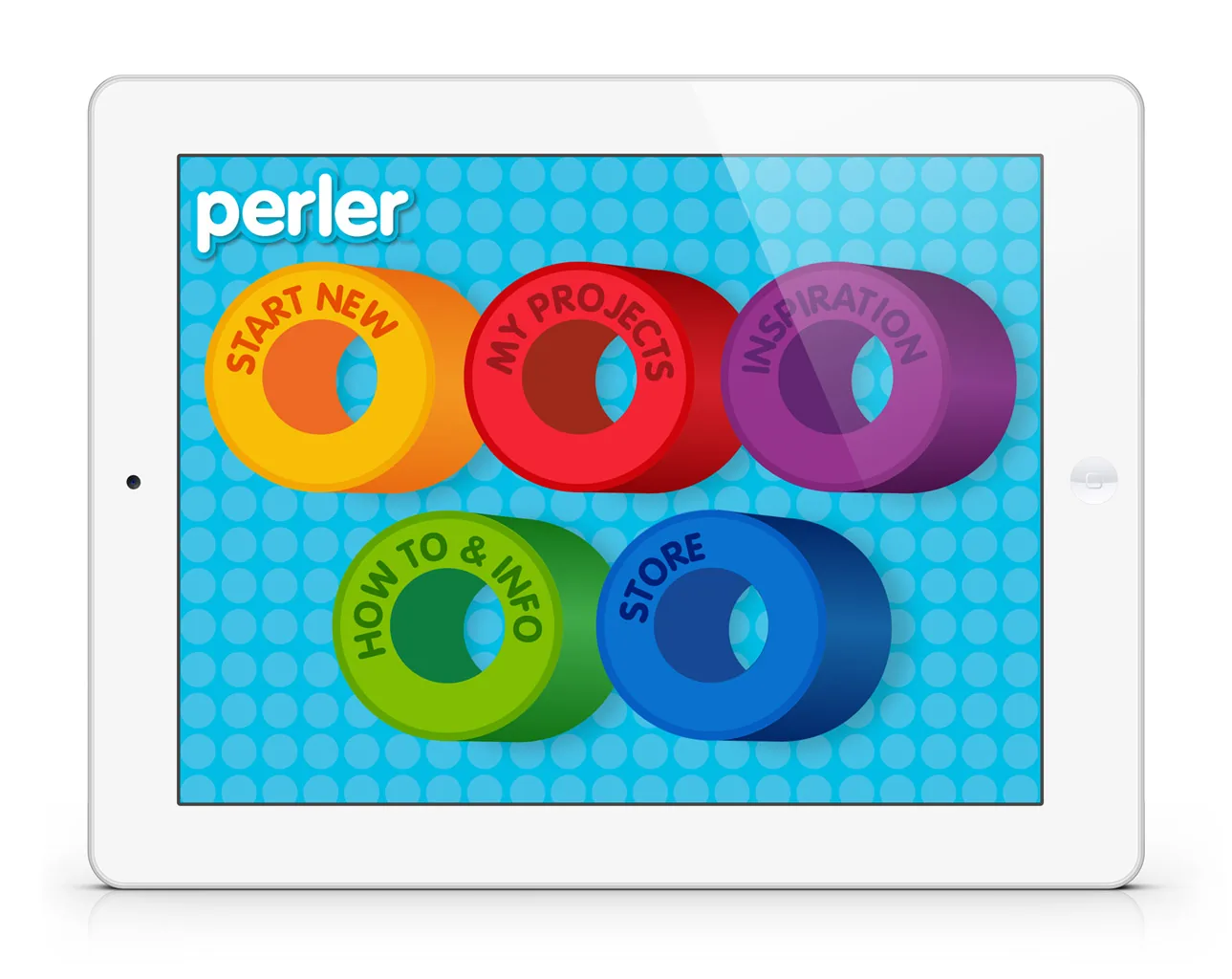 The Perler app home screen on iPad — Start New, My Projects, Inspiration, How To & Info, and Store as five chunky bead-shaped buttons