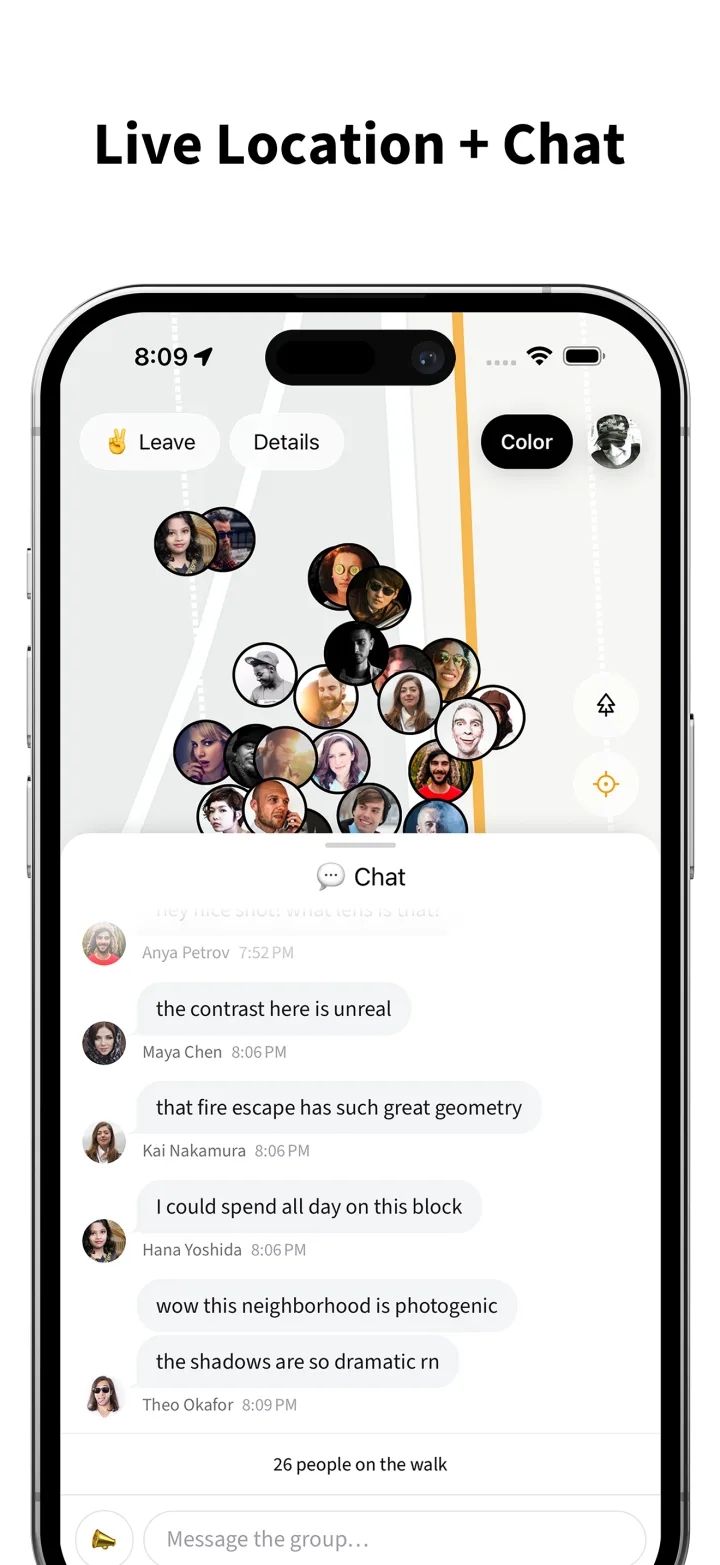 Live Location + Chat — an iPhone showing walkers&rsquo; avatars clustered on a street map, above a group chat where they trade notes on the scene, with 26 people on the walk