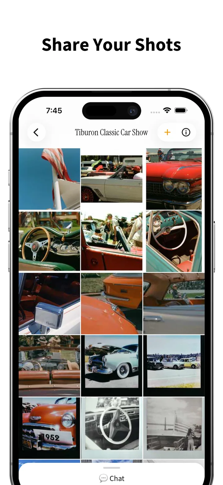 Share Your Shots — an iPhone showing the Tiburon Classic Car Show album, a grid of the group&rsquo;s film-toned photos of vintage cars, steering wheels, and chrome