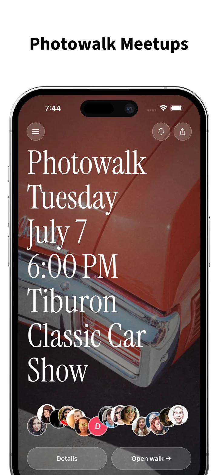 Photowalk Meetups — an iPhone showing an upcoming walk, Photowalk Tuesday July 7 6:00 PM Tiburon Classic Car Show, set in large serif type over a photo of a red classic car, with a row of attendee avatars and Details and Open walk buttons