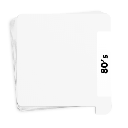 A stack of 20 white dividers, the top tab labeled 80&rsquo;s