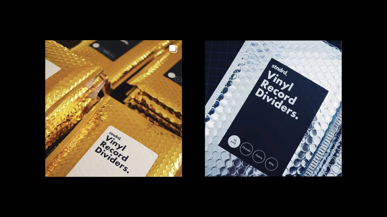 Packaging — gold and silver bubble mailers, each labeled stndrd Vinyl Record Dividers, one marked as a 10 pack with Decade, Genre, and BPM options