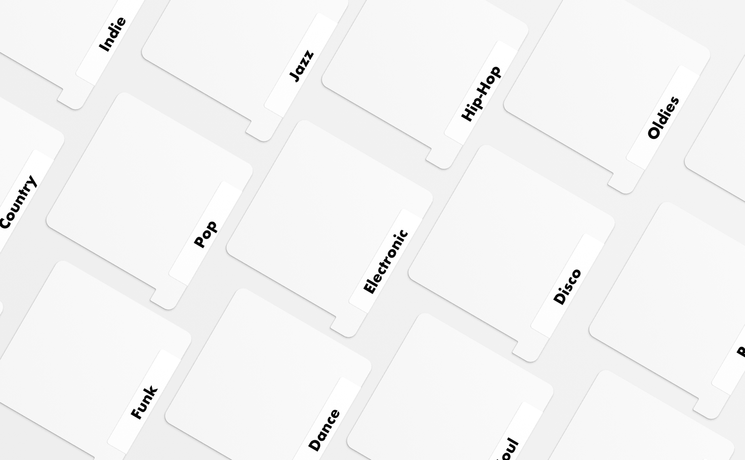 White vinyl record dividers on a light gray ground, laid out in a diagonal grid, each with a tab labeled by genre — Indie, Jazz, Hip-Hop, Oldies, Country, Pop, Electronic, Disco, Funk, Dance, and Soul