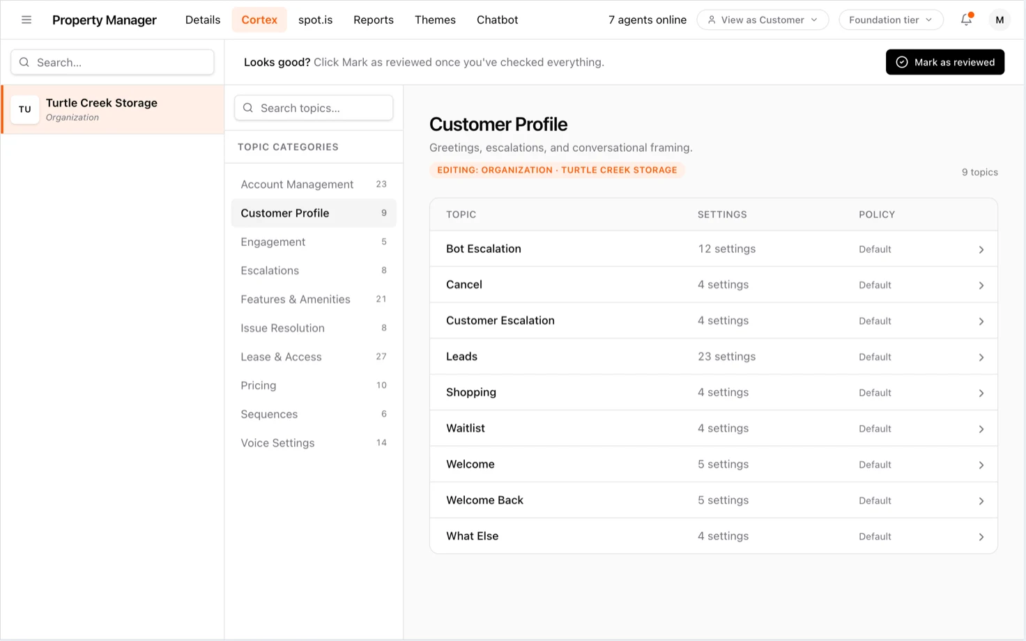 The swivl Property Manager for Turtle Creek Storage: the Cortex tab lists topic categories like Account Management, Pricing, and Voice Settings, with the Customer Profile category open to topics such as Bot Escalation, Leads, Waitlist, and Welcome, each with its settings and policy