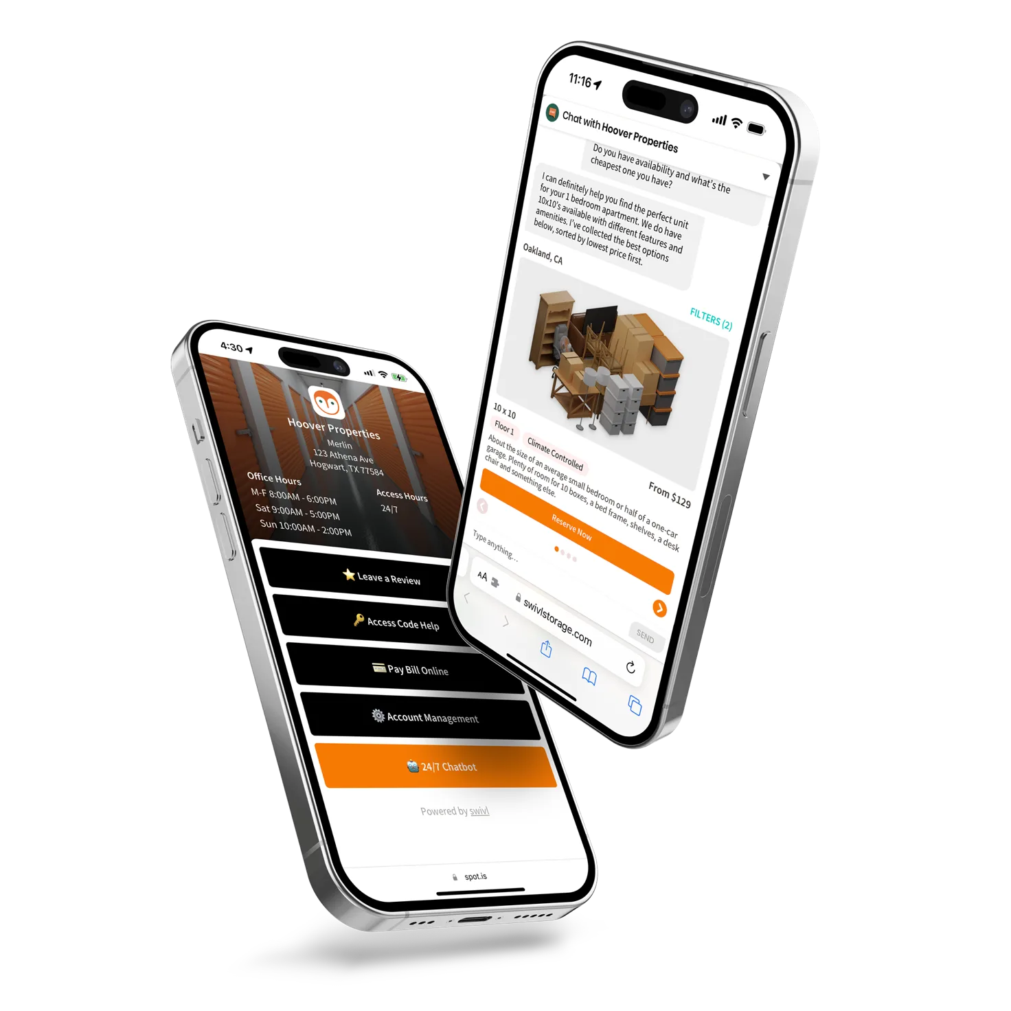 Two iPhones showing where the QR code leads: a spot page for Hoover Properties with office and access hours and buttons to leave a review, get access code help, pay a bill, manage an account, or open the 24/7 chatbot, and the chat itself answering a question about availability with a 10 by 10 climate-controlled unit from $129 and a Reserve Now button