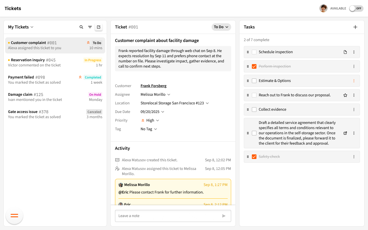 The swivl Tickets screen: a list of tickets with statuses like To Do, In Progress, and On Hold; an open ticket for a customer complaint about facility damage with its customer, assignee, location, due date, priority, and an activity thread; and a task checklist for it — schedule inspection, collect evidence, safety check — 2 of 7 complete