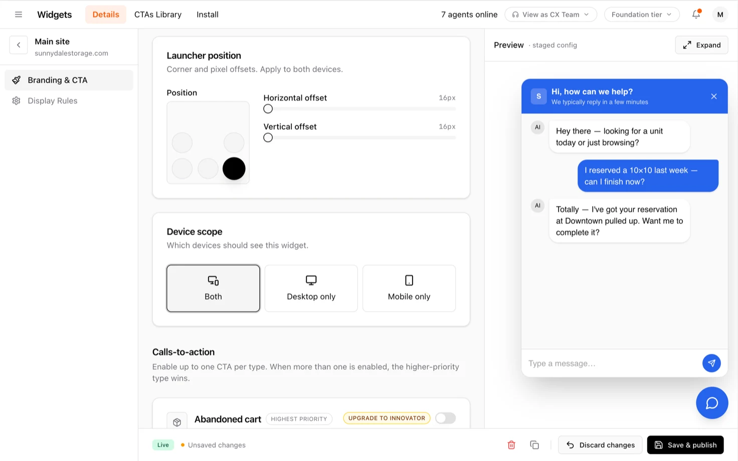 The swivl widget builder: settings for a storage company&rsquo;s website chat — launcher position, device scope, and calls-to-action — beside a live preview of the chat widget, where the AI helps a customer finish a 10&times;10 reservation