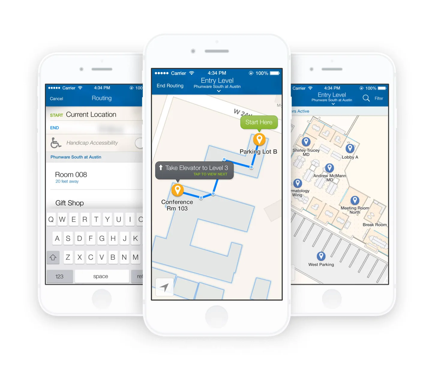 Three iPhones showing indoor routing: searching for a destination with an accessibility toggle, a route from Parking Lot B to Conference Room 103 with a Take Elevator to Level 3 prompt, and a floor map of doctors&rsquo; offices and meeting rooms