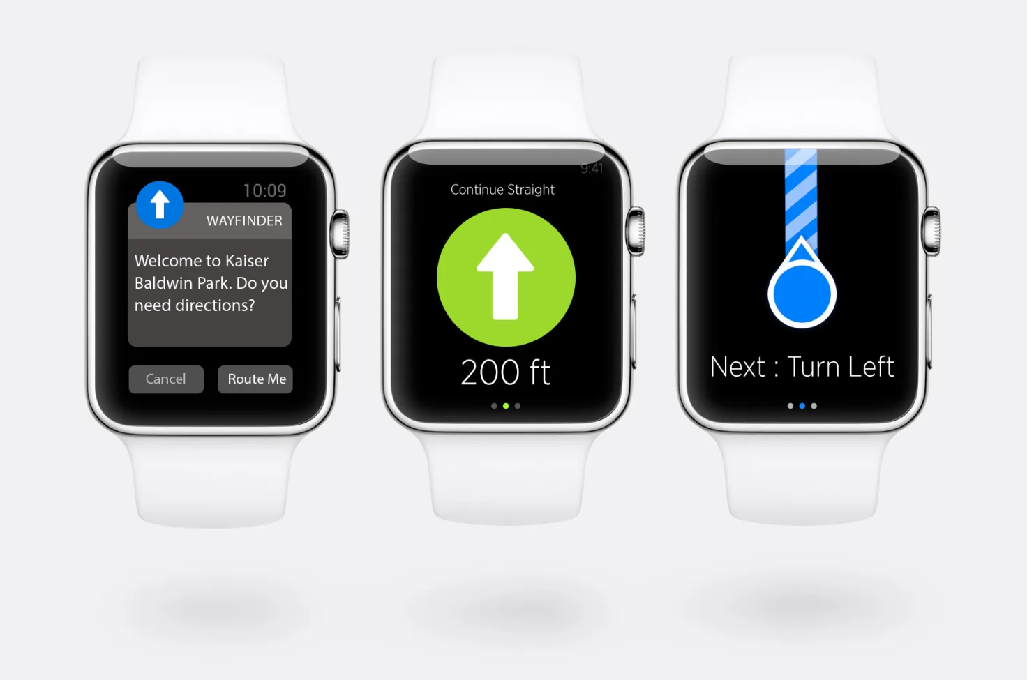 The same directions on Apple Watch: a Wayfinder notification welcoming the user to Kaiser Baldwin Park and offering a route, a Continue Straight 200 ft step, and a Next: Turn Left prompt
