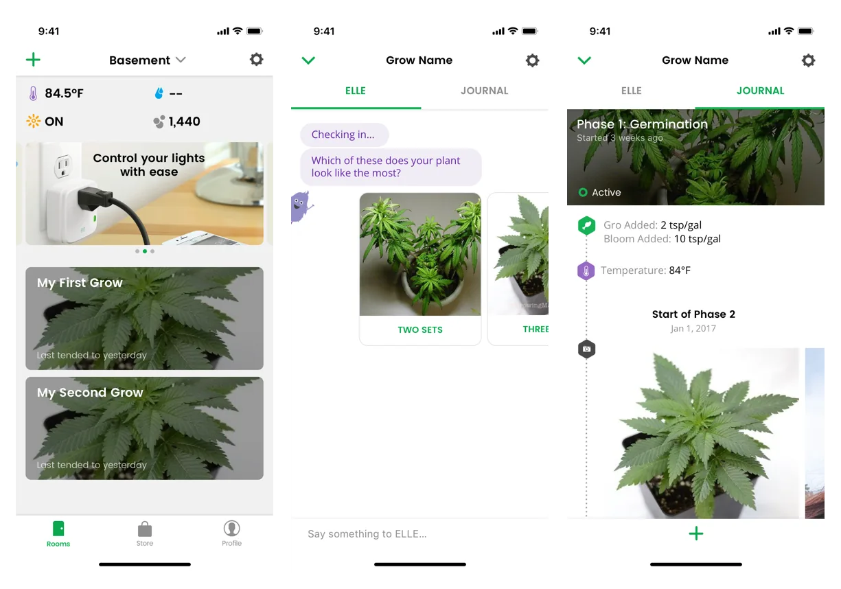 Three app screens — a room dashboard with live temperature and light readings over a list of grows, a chat with the ELLE assistant identifying a plant from photos, and a journal timeline logging nutrients and phase changes